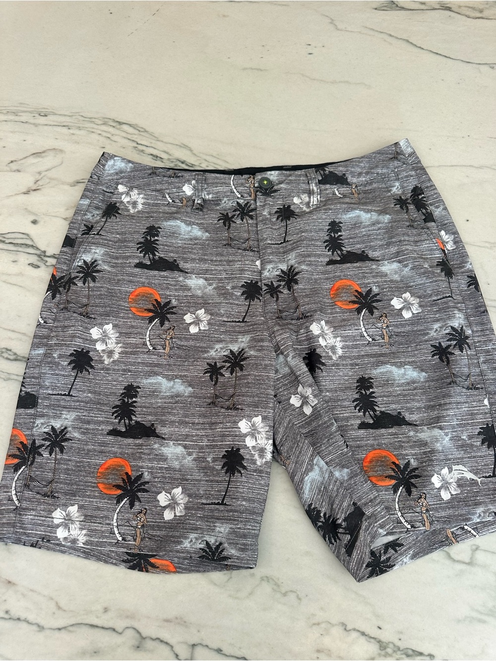 Men's Tommy Bahama Gray Tropical Print Activewear Shorts. 35